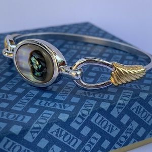AVON Vintage Abalone Two-Tone Clasp Hook Bangle Bracelet Small 1976 Signed